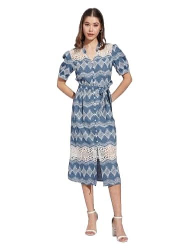 Latin Quarters Women's Blue V-Neck Half Sleeves Embroidery Casual Shirt Dress_XL