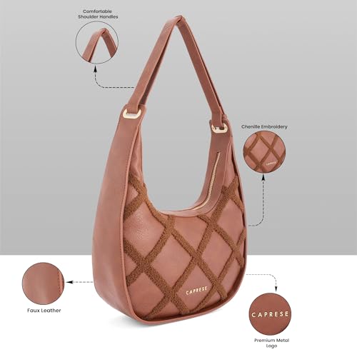 Caprese Athena Medium Hobo Bag for Women | Stylish Shoulder Bag with Plush Chenille Embroidery with Secure Zip Closure | Multi-Compartment Designer Handbag for Work & Travel (Tan)