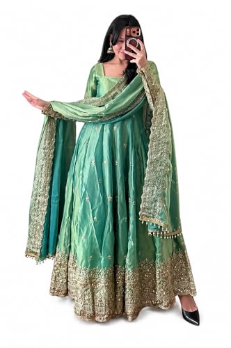 Women’s Embroidered Green Anarkali Dress with Dupatta