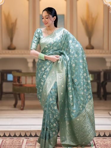Veglari Women's Original Kanjivaram Pure Jari Weving Soft Silk Reach Jari Riktambarri Pattu Silk Saree With Blouses Piecs For Wedding