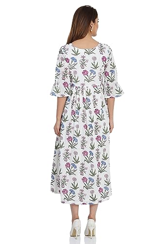 BIBA Women's Off White Cotton Flared Printed Dress Ankle Length DRESSES14868SS19OWHT