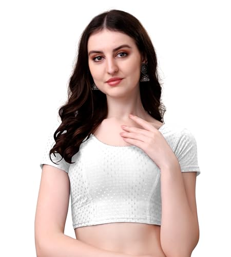 Kipzy Women's Cotton Stretchable Saree Blouse – Round Neck, Short Sleeves, Readymade Slim Fit Blouse for Women (White, 28)