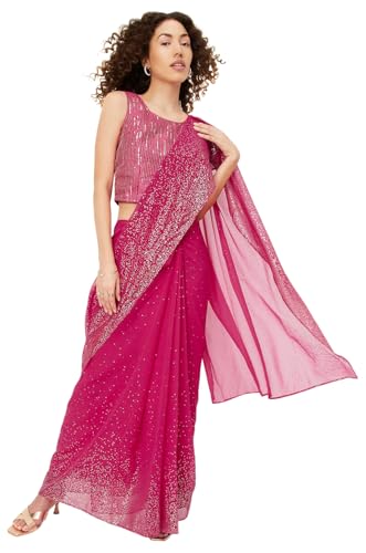 Max Women Sequinned Pre-Stitched Saree with Blouse(Pink_XL)