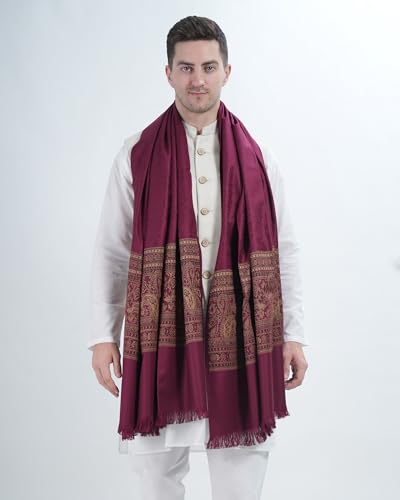 MANRA Men's Kashmiri Acro Wool Self Design Border Plain Shawl for Winter-Dark Purple