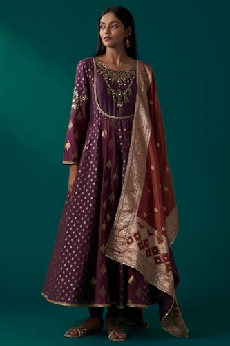 Wishful Women's Purple Zari Embroidered Chanderi Jacquard Anarkali Kurta with Churidar and Dupatta Set (SP12833-314433-XL)