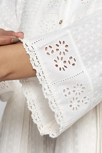 W for Woman Floral Schiffli Embroidered Fit and Flare Cotton Dress - White (W12599-221213-XS)
