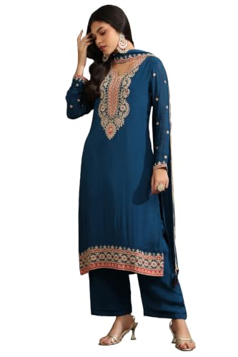 Soch Womens Blue Chinon Ethnic Motifs Zari Embroidered Salwar Suit