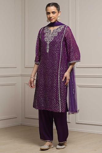 Biba Women Purple Viscose Straight Printed Suit Set_40