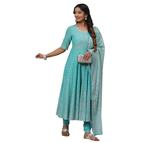 BIBA WOMEN PRINTED FITTED SALWAR KURTA DUPATTA(SKDSHWETH S7820_TURQUOISE_34)