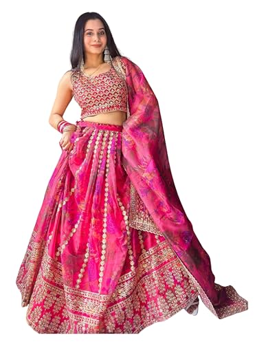 AG Clothing Women's Organza Semi Stitched Lehenga Choli With Dupatta | Floral Digital Print With Sequin Embroidery Pattern | Traditional, Wedding, Ethnic Wear Lehenga (ZC-7072-Pink)