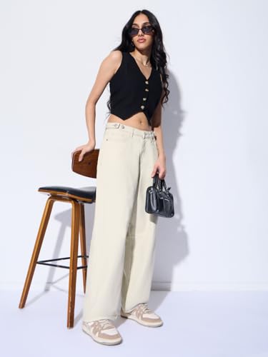 The Souled Store Barrel-Fit Denim: Ivory Dust Women and Girls Buttoned Waistband Solid Cotton Lightweight Everyday All-Season Loose Fit Jeans