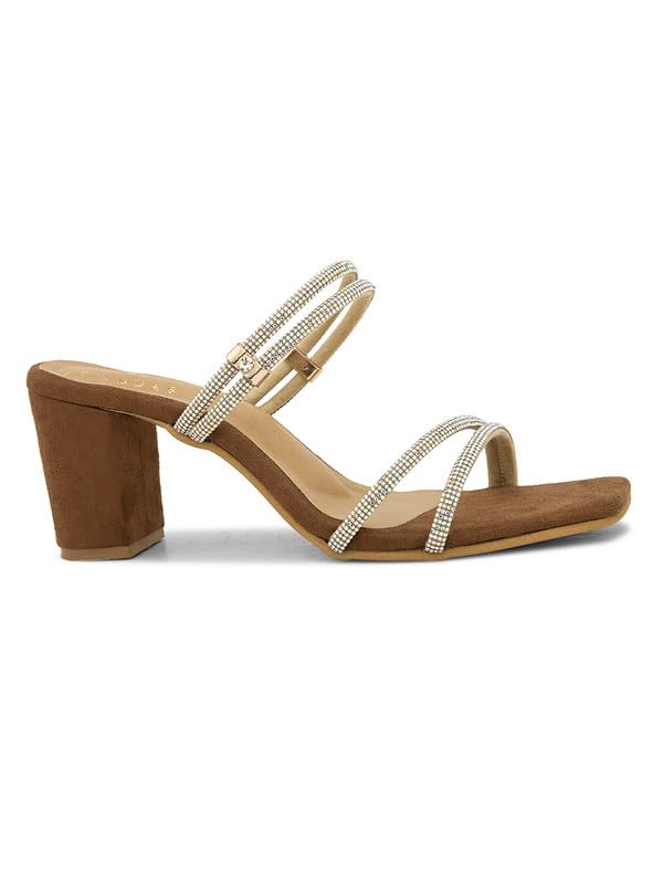 XE Looks Tan Fashion Sandals | Faux Leather Trendy and Stylish Block Heel | For Wedding Occasion 3 Inches Heel | For Women & Girls
