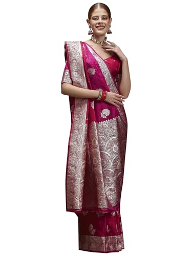AKHILAM Women's Pink Satin Silk Floral Printed Saree With Unstitched Blouse Piece (RNGREET306_HS)