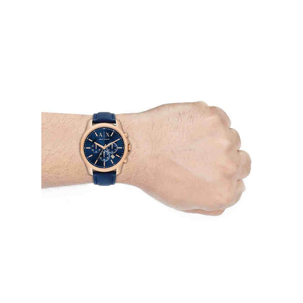 Armani Exchange Mens 44 mm Blue Dial Leather Chronograph Watch - AX1723