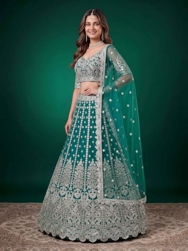 Zeel Clothing Women's Zari Sequins Embroidered Work Soft Net Lehenga Choli With Dupatta (6013-Rama-Womens-Lehenga-Choli-New; Free size)