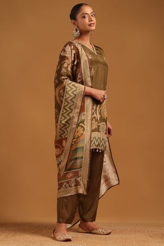 Soch Womens Olive Crepe Botanical Salwar Suit With Beads