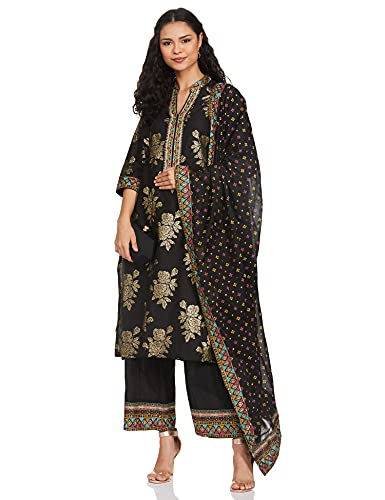 BIBA Women Cotton Printed Straight Salwar Kurta Dupatta(Skdbandhej 7509_Black_36)
