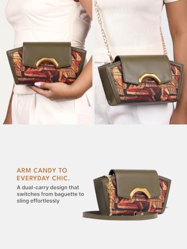 ZOUK Women's Zareen Olive Clutch Bag with Detachable Sling Strap | Vegan Leather | Geometric Gold Jewel-toned Print | Wedding, Party, Formal