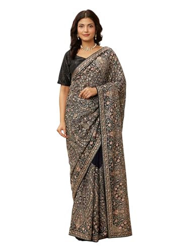 MOHEY Women's Georgette Paisley Embroidered Saree with Blouse Piece(Indigo Blue)