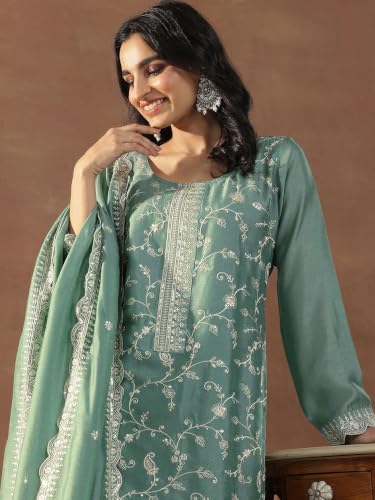 Women's Sea Green Silk Blend Straight Kurta Set With Dupatta And Pant