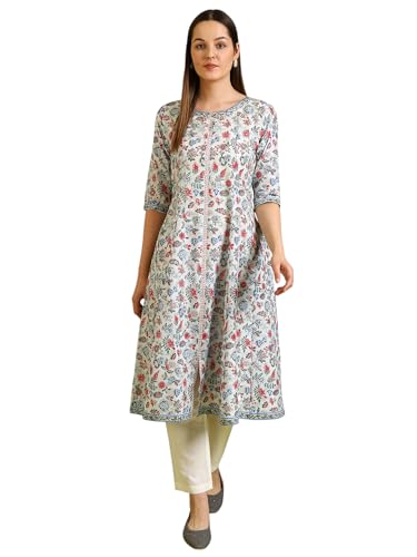 W for Woman Light Blue Floral Printed Pure Cotton Flared Kurta and Pants Set (Size:L)-WS10164