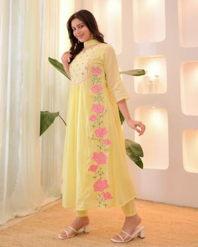 VARNI FABRICS: A lady's First Love Yellow Silk Blend Embroidered Flared Kurta Set For Women With Dupatta And Pant