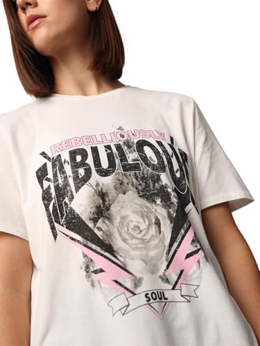 ONLY Women Graphic Printed Regular Fit Casual White Round Neck T-Shirt