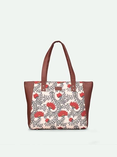 ZOUK Nawabi Couture Floral Printed Women Jute Vegan Leather Red & Beige Side Tote Bag For Ladies With Double Handle