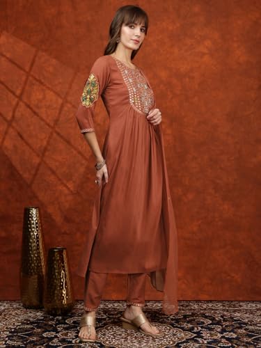 NIVANA Mirror Embroidered Kurta with Pant & Embroidered Dupatta | XL | Rust