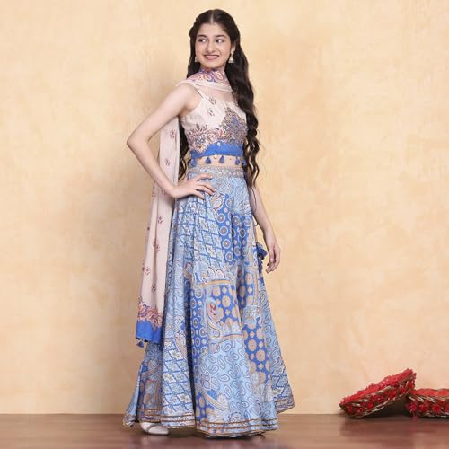 Biba Girls Electric Blue Viscose Blend Lehenga Set_12-13 Year