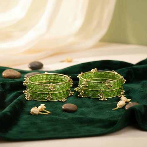 KAYASHA Totai Kashmiri Ghungroo Glass Bangle Set for Women | Light Weight Bangles | Traditional Transparent Fancy Glass Chudi Set for Wedding, Party|Set Of 16(12 Glass + 4 ghungroo bangles)