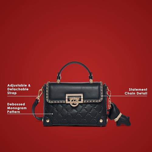 Akiki London Women's Hampton 22 Flap Satchel Handbag|comes with Dog Charm|Top Grab Handle|Metal Finish|Stylish Ladies Purse|Party Handbag for Women