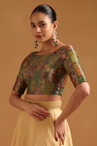 Soch Womens Olive Silk Blend Banaras Meena Jacquard Weave in Dark Colour Blouse with Zari Woven