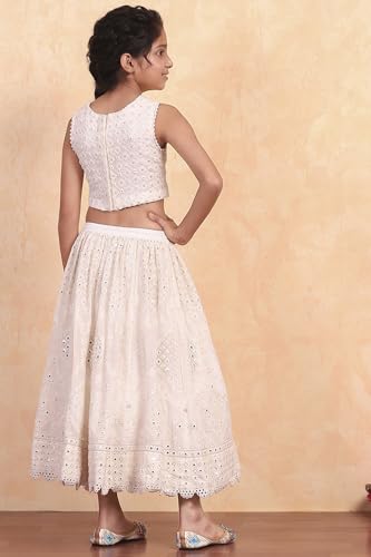 Biba Girls White Viscose Embroidered Kalidar Lehenga Set_6-7Y