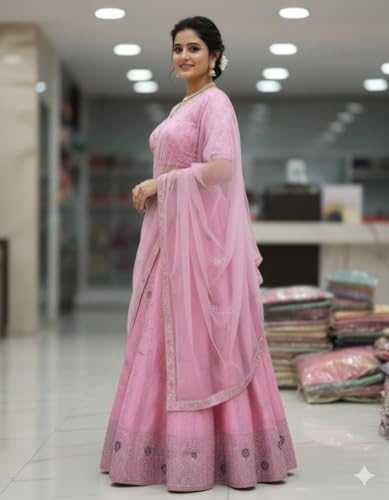 Woman's Jimmichu Embroidery Designer Lehenga Choli with Dupatta With Unstitched Blouse Stylish Design Wedding Lehenga Choli For Women (Pink)