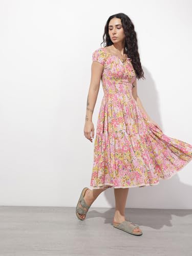 Divena Baby Pink Shoulder Strapes Fit & Flared Cotton Dress-DK2322