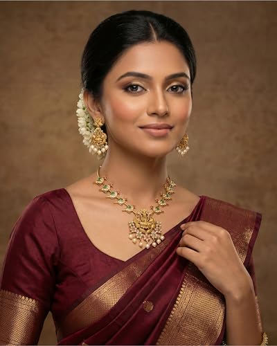 ZYRA JEWELS South Indian Temple Jewellery Necklace Set with Earrings, Peacock & Lakshmi Design, Antique Gold Plated, AD, Zircon & Pearl Studded Traditional Bridal Jewellery for Women & Girls