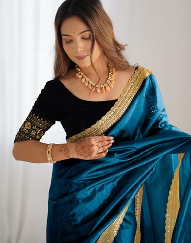 SIRIL Women's Net Embroidered Saree With Unstitched Blouse Piece(3997S133-Blue)