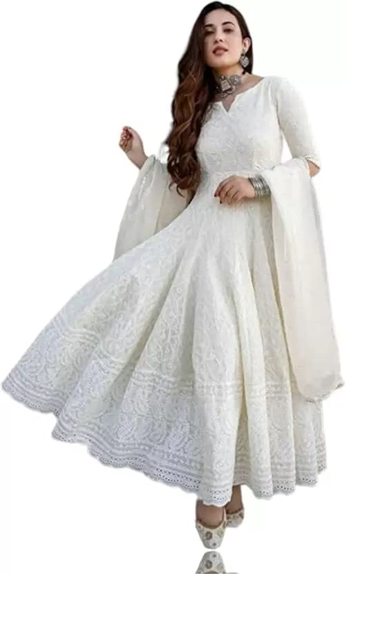 Royal Export Women's Cotton Blend White Chikankari Anarkali Gown with Dupatta | Dresses for Girls | Pant Not Included-XXL