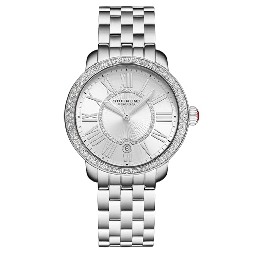 Stuhrling Original Celestia 4080 Women’s 38mm Quartz Watch – Crystal Bezel, Sunray Dial, Roman Numerals, Date Display, Stainless Steel Bracelet, Butterfly Clasp, Silver
