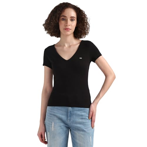 Tommy Hilfiger Black Textured V-Neck Half Sleeve T-Shirt