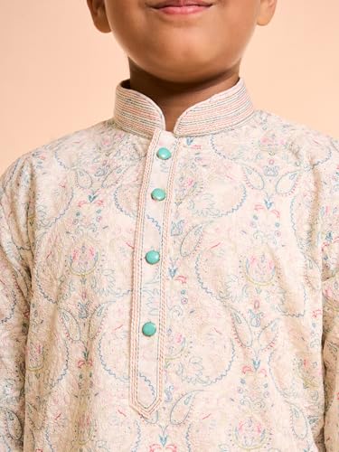 Manyavar Boys Cotton Blend Paisley Printed|Embroidery Kurta Pyjama Set (Pista Green,10-12Y)