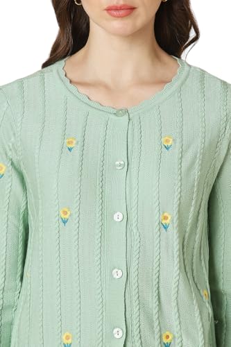 Women Green Embroidered Round Neck Casual Sweater
