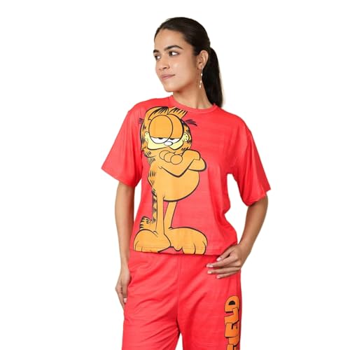 fashiontownie Co-ord Set for Women with Garfield Print | Imported Fabric Casual Wear | Trendy T-Shirt & Pant Set | Stylish Lounge & Streetwear Outfit (Red) (Free Size)