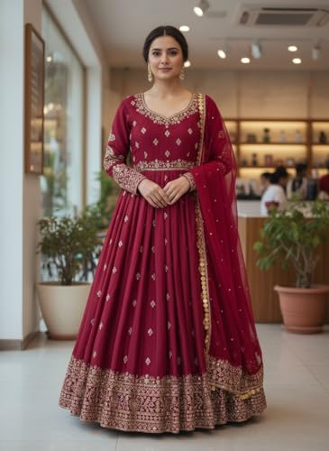 styledaura Women Chinon Silk Embroidered Anarkali Gown with Dupatta | Sequins & Zari Work | Fully Stitched Ethnic Wear | Long Flared Dress (Size-M, Maroon) (in, Alpha, XL, Regular)
