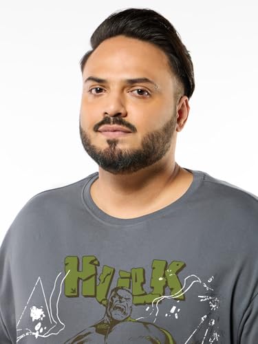 Bewakoof Official Marvel Merchandise Hulk Men's Graphic Print Oversized Fit Half Sleeve Round Neck Cotton Plus Size T-Shirt_694209_Grey_4XL