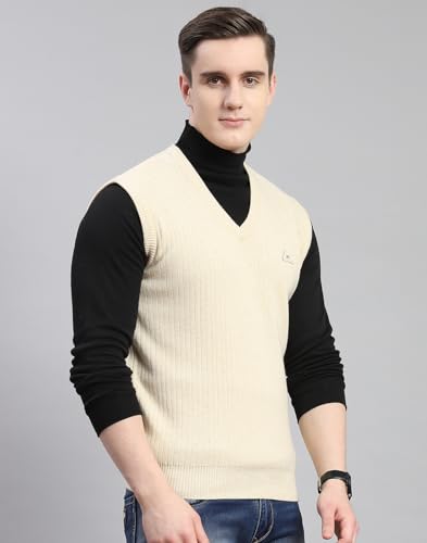 Monte Carlo Mens Beige Solid V Neck Sleeveless Wool Blend Casual Sweater (1230118SL-2638-44)