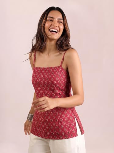 Rangrooh Women's Cotton Sleeveless Kurti | Corset Back Straight Kurta | Printed Ethnic Short Top for Office & Casual Wear - Rose Red