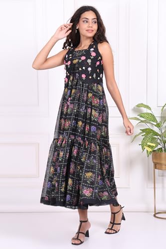 W for Woman Black Floral Printed Poly Georgette Flared Dress with Embroidered Waist Coat Set - (W12969-125847-S)