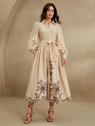 SMOWKLY Cotton Blend Women's Casual Embroided Dress Mid-Length Maxi Dress for Woman ||Stylish Frocks for Women ||One Piece Dress for Women || Long Midi Dress for Woman || Party & Beach Wear Cream